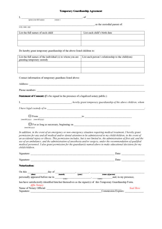 The temporary guardianship agreement form is a document that contains a contract on which a person . Temporary Guardianship Agreement Printable Pdf Download