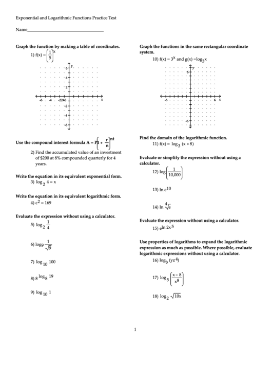 Exponential and logarithmic functions worksheet printable pdf download
