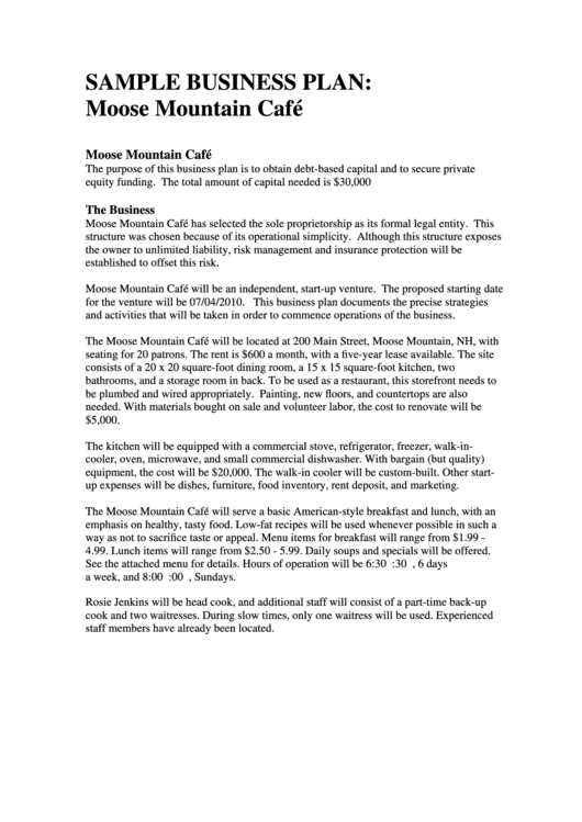Sample Moose Mountain Cafe Business Plan Printable Pdf Download