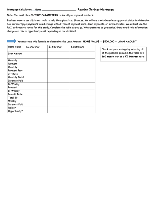 Mortgage worksheet template printable pdf download