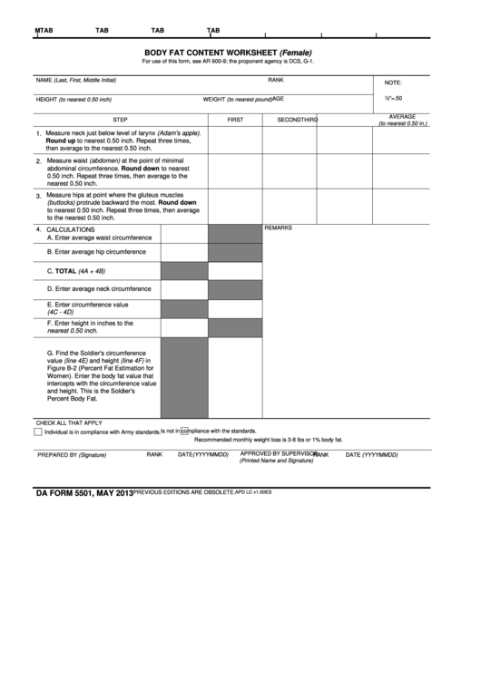 Fillable body fat content worksheet (female)