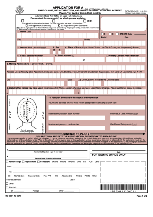 Application for a u.s. passport (form ds-5504) printable pdf download