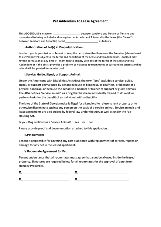 pet addendum to lease agreement printable pdf download