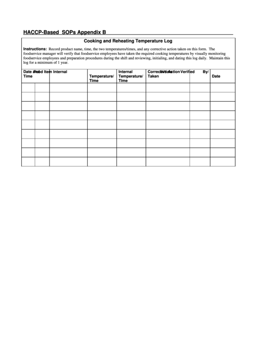 Twice a day, a restaurant employee can check the freezer temperature to ensure it stays at a safe level with this printable record. Haccp-Based Sops Cooking And Reheating Temperature Log