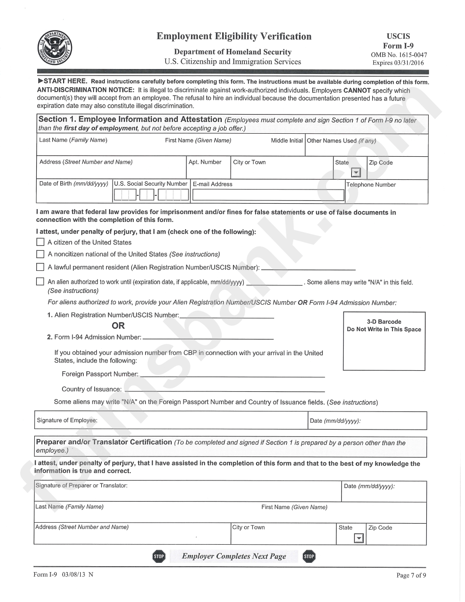 Employment eligibility verification form uscis i-9 printable pdf download
