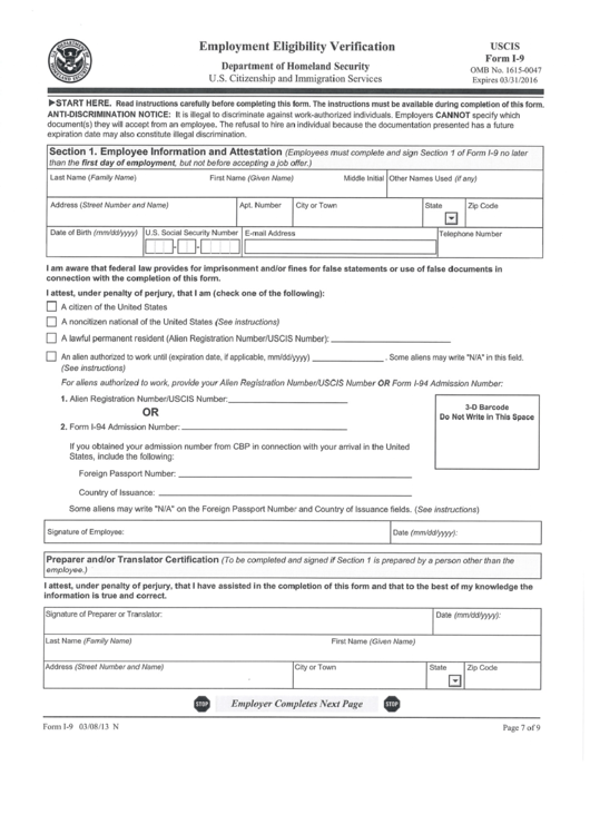 Employment eligibility verification form uscis i-9 printable pdf download