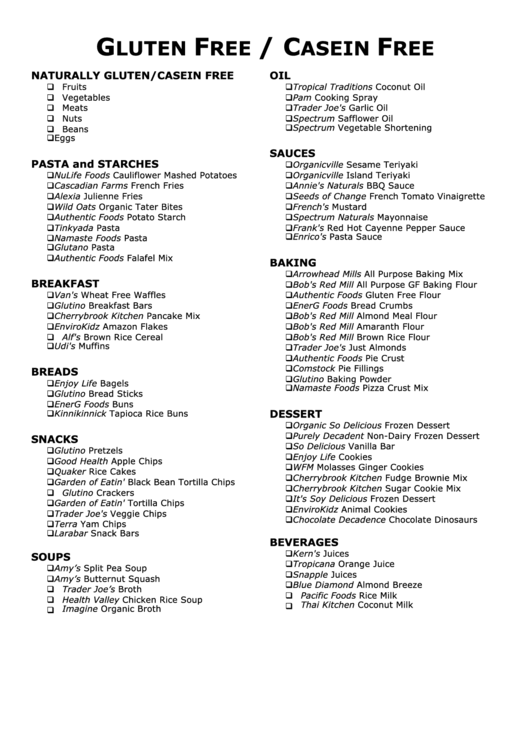 glutencasein free grocery list template printable pdf download