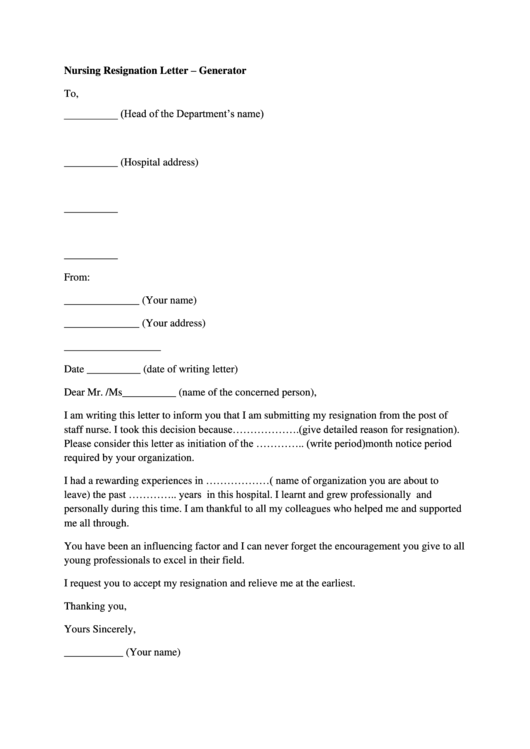 Nursing Resignation Letter Template Printable Pdf Download