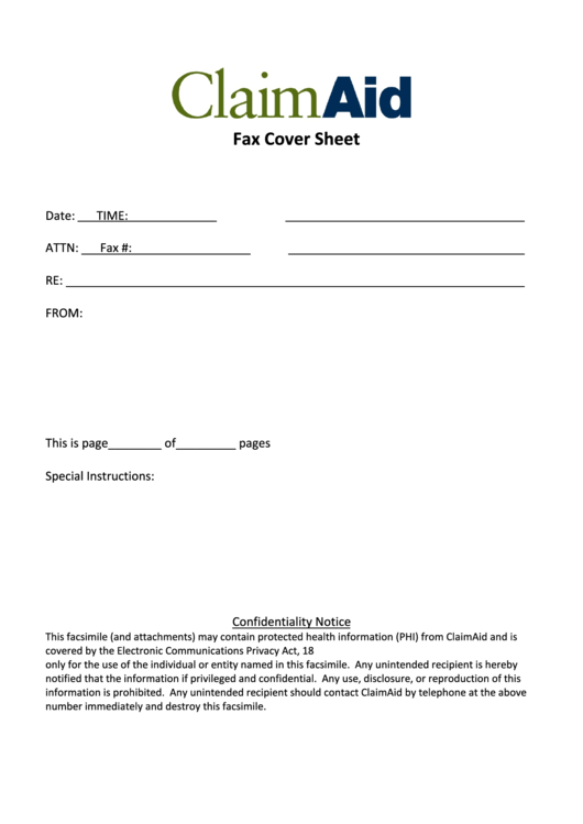 fillable fax cover sheet claimaid printable pdf download