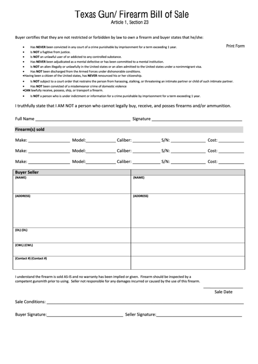 fillable texas gunfirearm bill of sale form printable pdf