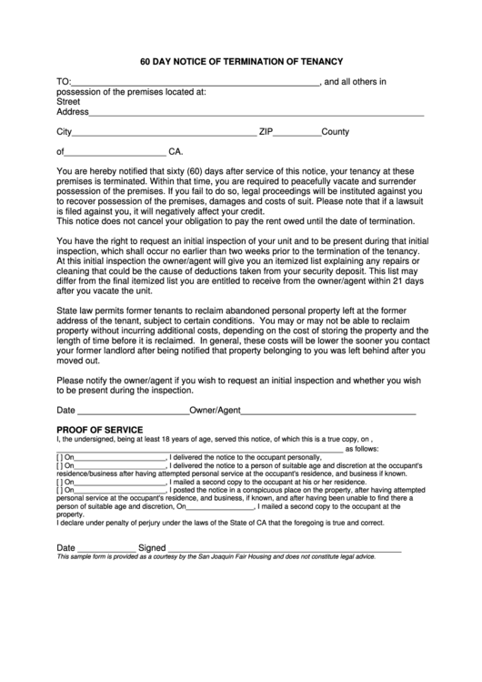 A thirty or sixty day notice is not . 60 Day Notice Of Termination Of Tenancy Form printable pdf