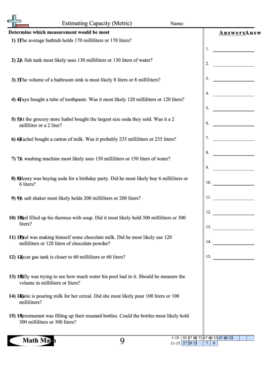estimating capacity metric worksheet printable pdf download