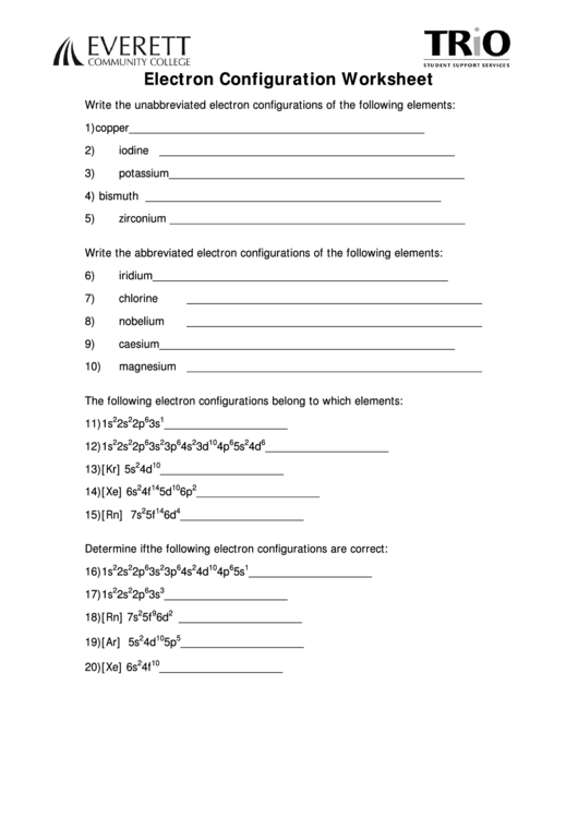 Electron configuration worksheet chart printable pdf download