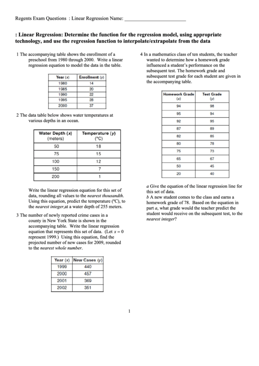Linear regression math worksheet printable pdf download