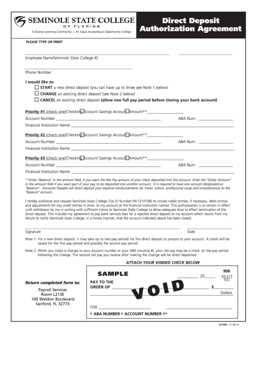 direct deposit authorization agreement form printable pdf