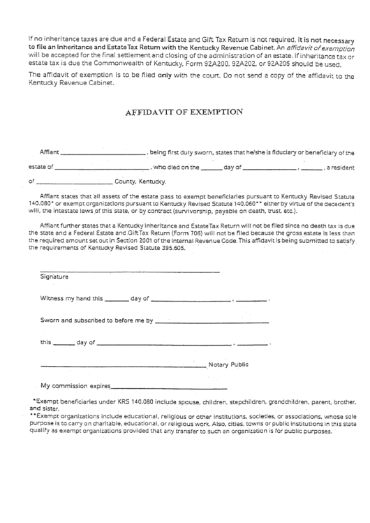 Visit kentucky department of revenue to check the status . Affidavit Of Exemption Form - Kentucky Revenue Cabinet