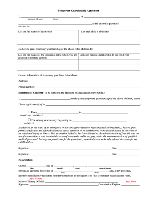 Your child will be in the care and custody of cas. Temporary Guardianship Agreement Form Printable Pdf Download