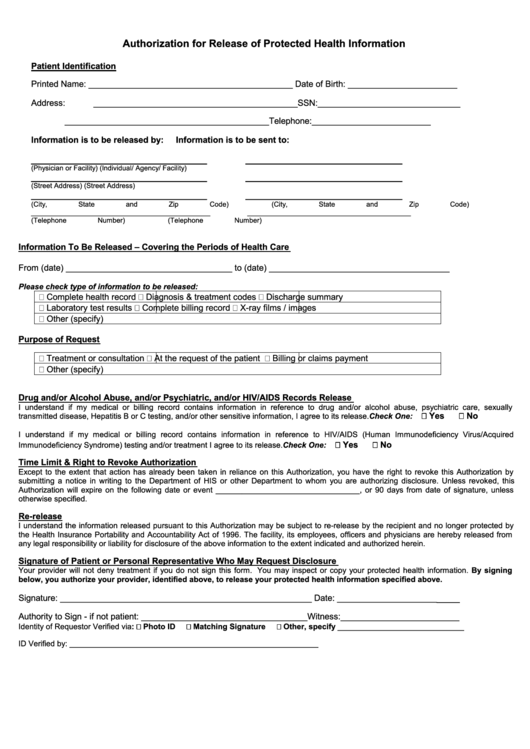 Fillable authorization for release of protected health information printable pdf download