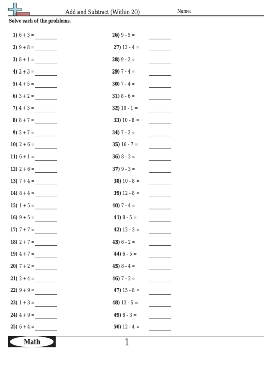 Add and subtract within 20 worksheets