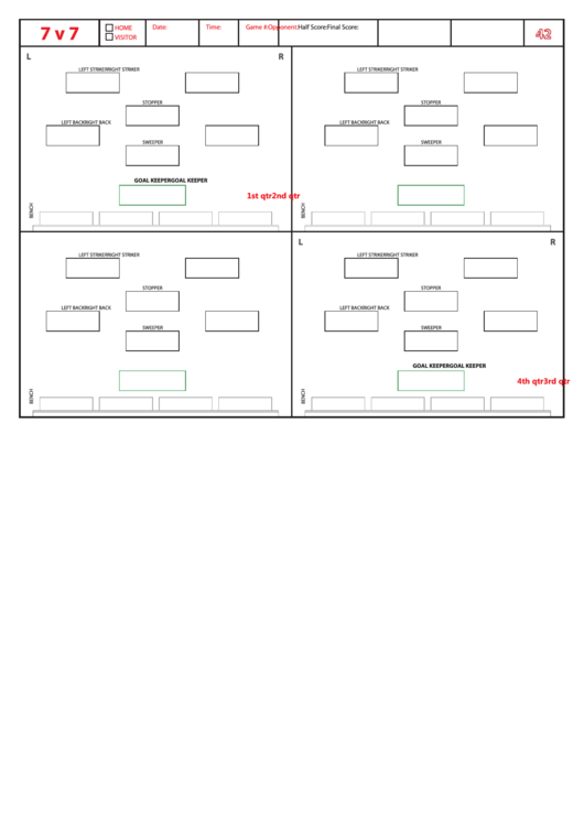 Soccer formation lineup sheet 7v7 4-2 printable pdf download