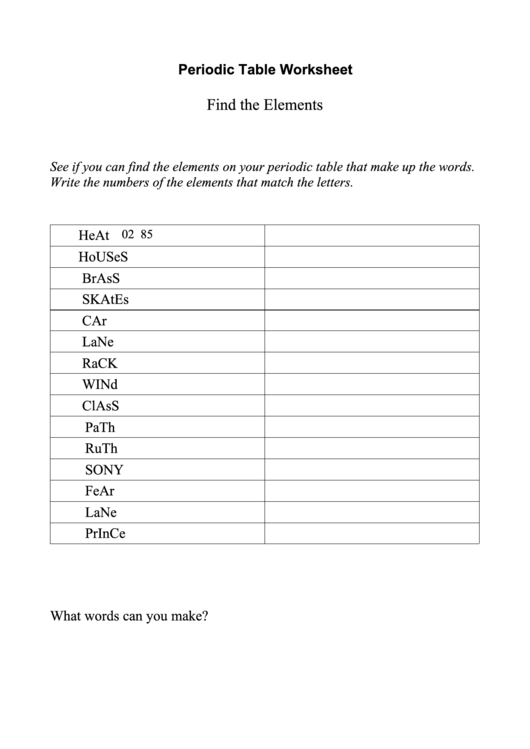 Elements periodic table worksheet with answers printable pdf download