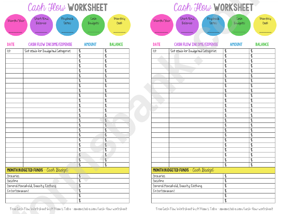 Cash flow worksheet template printable pdf download