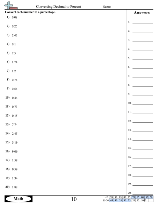 Converting decimal to percent worksheet with answer key printable pdf