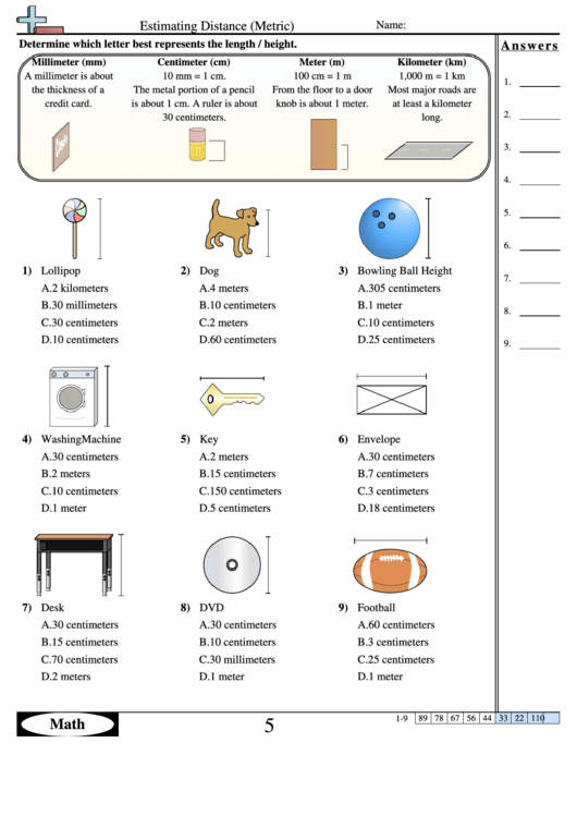 estimating distance metric worksheet printable pdf download