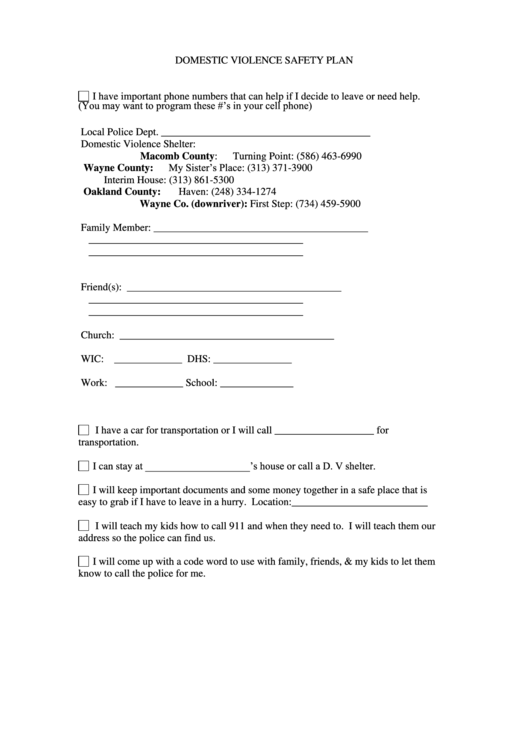 Safety planning worksheet domestic violence