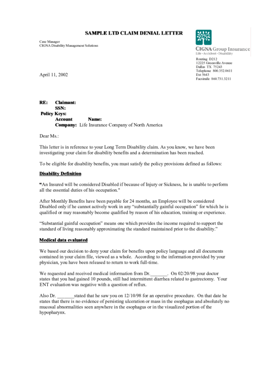 Sample Ltd Claim Denial Letter Template Printable Pdf Download