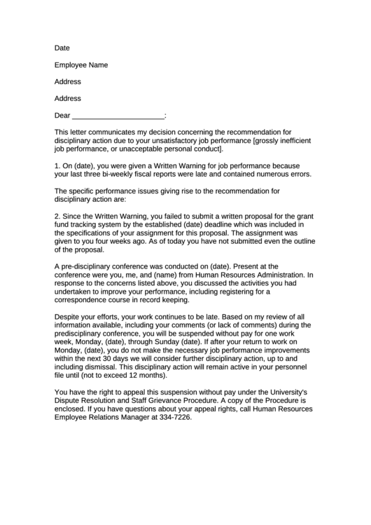 Employee Disciplinary Letter Sample Poor Performance Printable Pdf Download