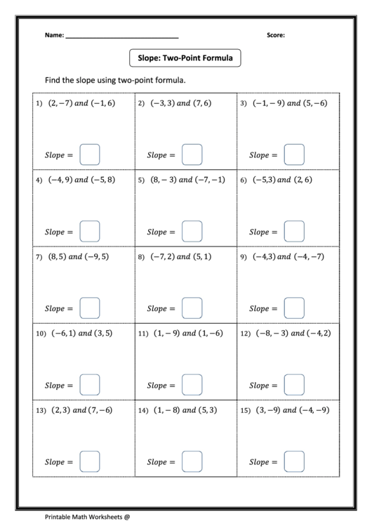 Slope: two-point formula worksheet printable pdf download