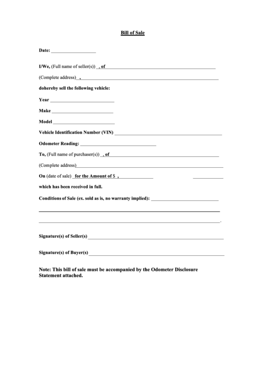fillable vehicle bill of sale template fillable printable pdf download