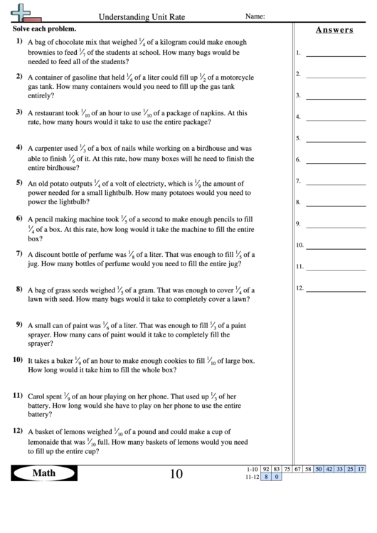 Understanding unit rate worksheet with answer key printable pdf download