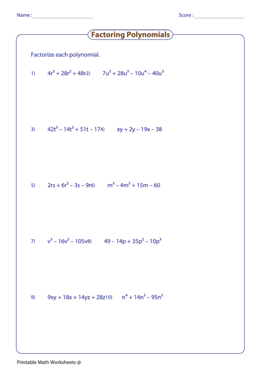 Polynomials are algebraic expressions that include real numbers and variables. Factoring Polynomials Worksheet Printable Pdf Download
