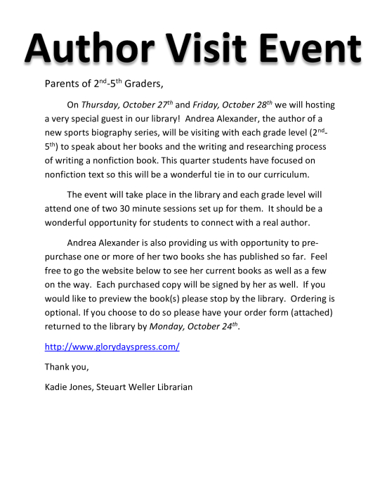 Author Visit Event Parent Letter School School