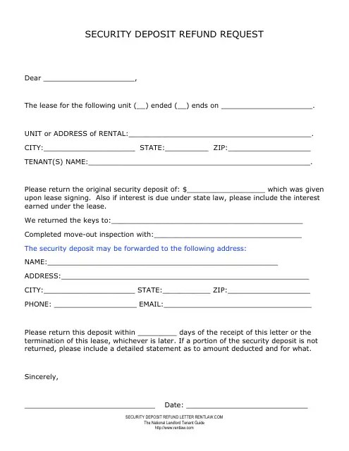 Security Deposit Refund Request Form Download Printable Pdf Templateroller