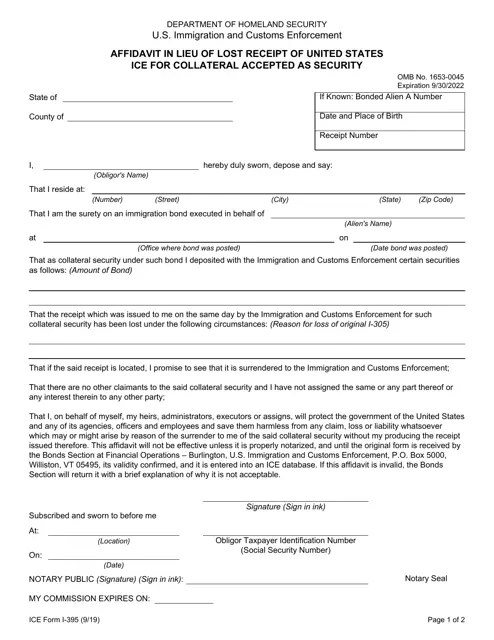 ice form i 395 download fillable pdf or fill online affidavit in lieu of lost receipt of united states ice for collateral accepted as security templateroller