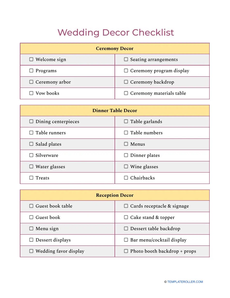 Wedding decoration checklist pdf