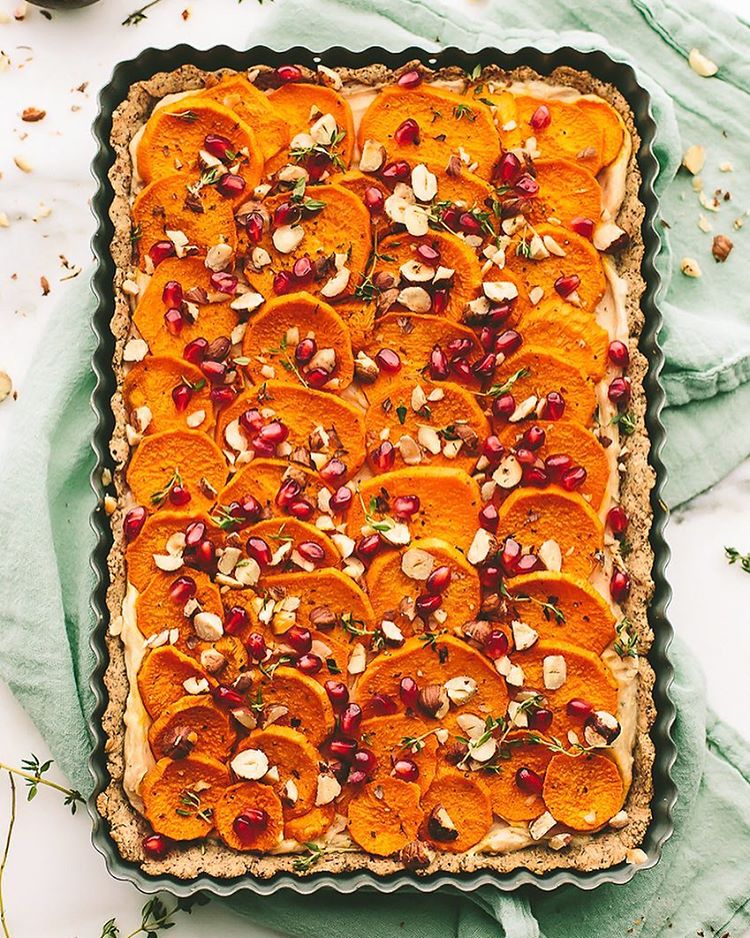 Next, pull leaves off of 2 sprigs of thyme and sprinkle on top. Sweet Potato And Herbed Goat Cheese Tart With Hazelnut Crust By Blissfulbasil Quick Easy Recipe The Feedfeed
