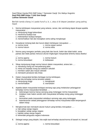 Contoh Soal Pkn Kelas 7 Bab Kepatuhan Terhadap Norma Jawabanku Id Soal PKN Kelas 7 Semester 2.