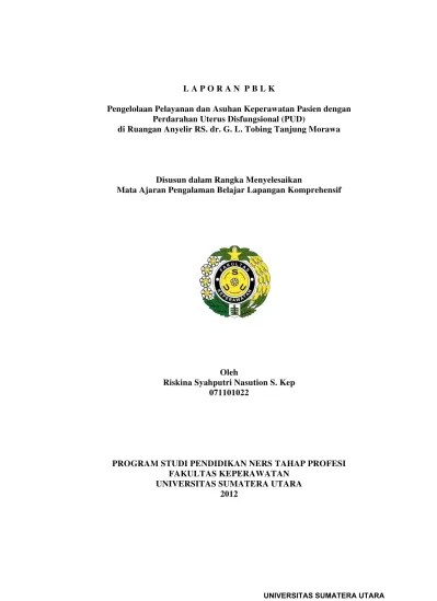Pengelolaan Pelayanan dan Asuhan Keperawatan Pasien dengan Perdarahan Uterus  Disfungsional (PUD) di Ruangan Anyelir RS. dr. G. L. Tobing Tanjung Morawa