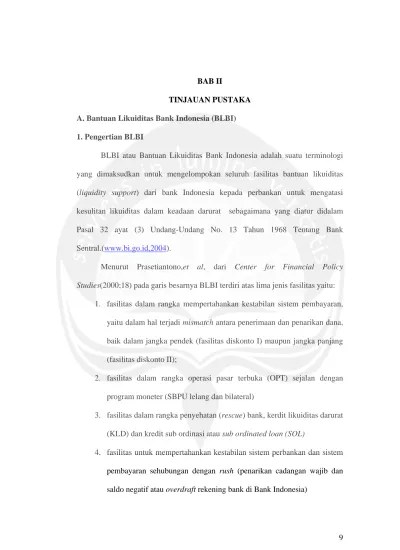 TINJAUAN PUSTAKA DAMPAK PEMBERIAN BANTUAN LIKUIDITAS BANK INDONESIA  TERHADAP PERUBAHAN HARGA SAHAM INDUSTRI PERBANKAN NASIONAL DI BURSA EFEK  JAKARTA.