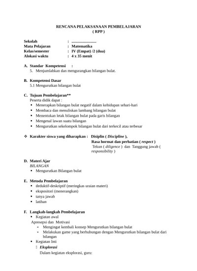 1 upaya meningkatkan hasil belajar siswa pada mata pelajaran matematika materi penjumlahan bilangan bulat melalui metode latihan (penelitian tindakan. Rpp Matematika Kelas Iv
