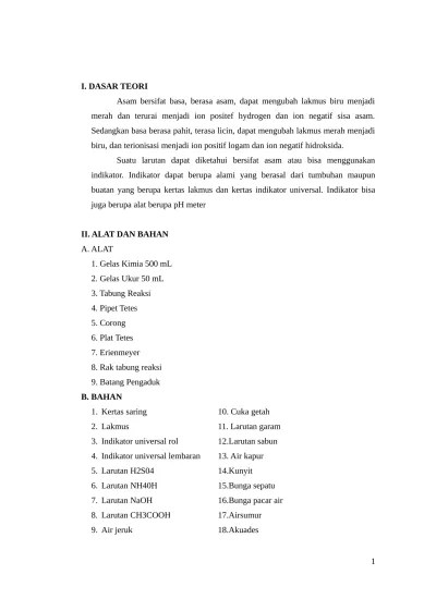 Diantaranya dalam bentuk larutan dan kertas indikator asam basa. Laporan Praktikum Kimia Asam Basa