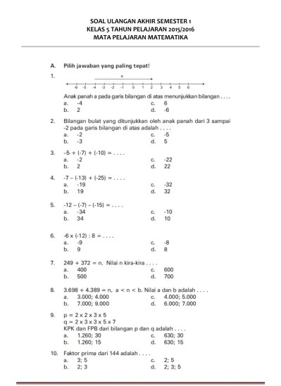 Soal uas matematika kelas 5 semester 2 dan kunci jawaban. Top Pdf Soal Uas Matematika Kelas 5 Semester 1 123dok Com
