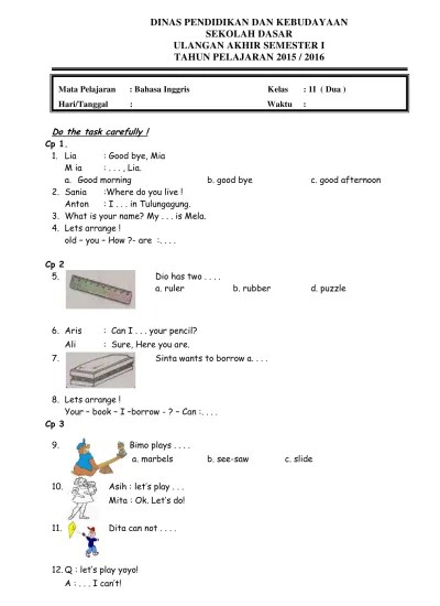 Vi ( enam ) hari . Soal Uas B Inggris Kelas 6 Semester 1