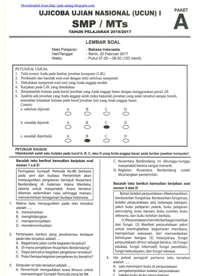Berikut ini kami bagikan soal uji coba ujian nasional (ucun) smp/mts tahun pelajaran 2019/2020 meliputi soal matematika dan ipa, untuk pelajaran lainnya . Naskah Soal Ucun Smp Dki 2017 Tahap 1 Kunci Jawaban