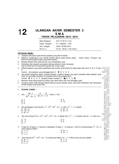 Soal pat matematika wajib kelas 11 sma 2021 dan kunci jawaban. Top Pdf Soal Ulangan Akhir Semester 2 Soal Ukk Matematika Xi Ipa 123dok Com