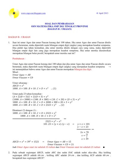 Solusi olimpiade matematika tk provinsi 2008 bagian pertama. Top Pdf Soal Dan Pembahasan Uraian Osn Matematika 123dok Com
